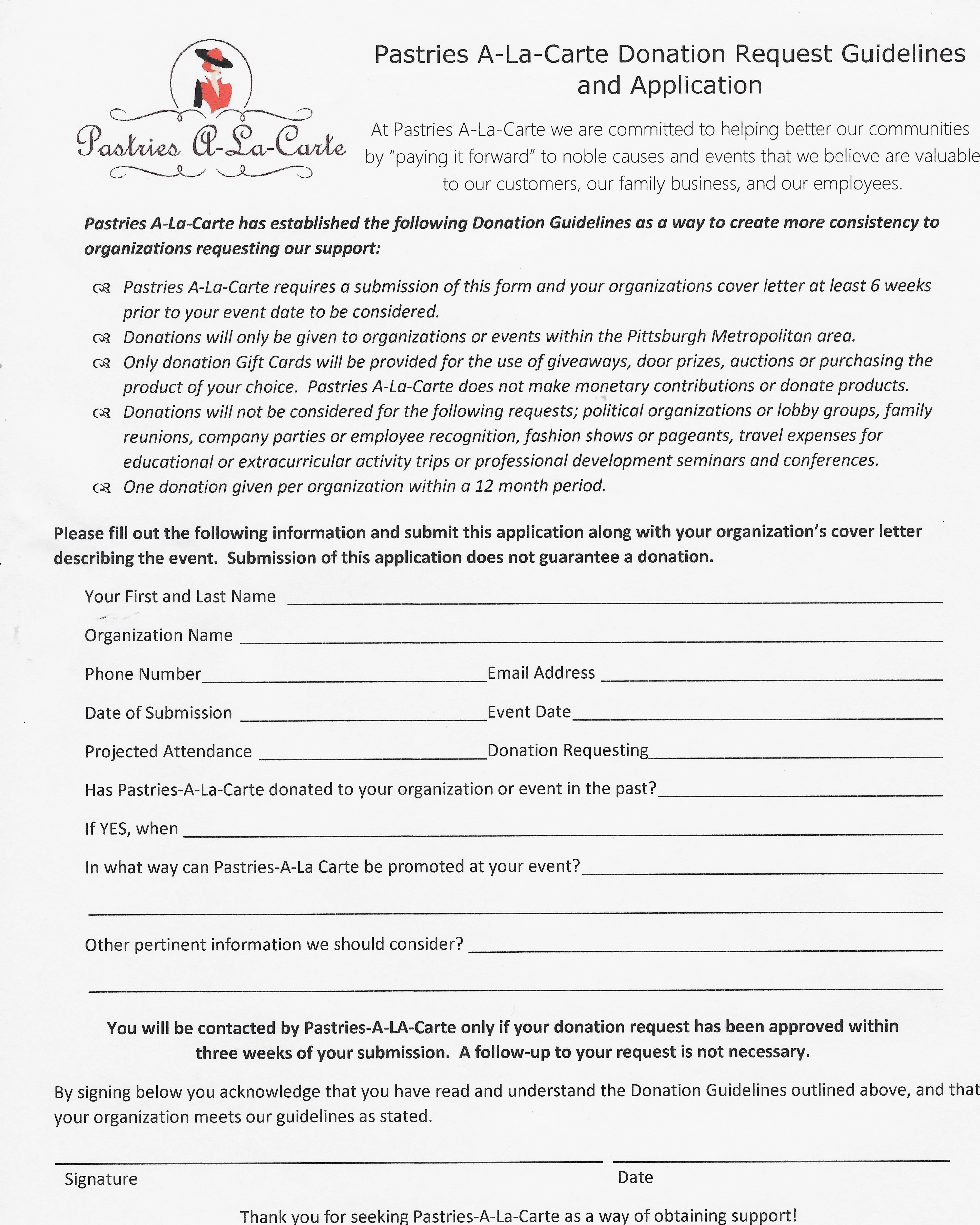 Pittsburgh Bakery and Desserts; Pastries ALaCarte donations