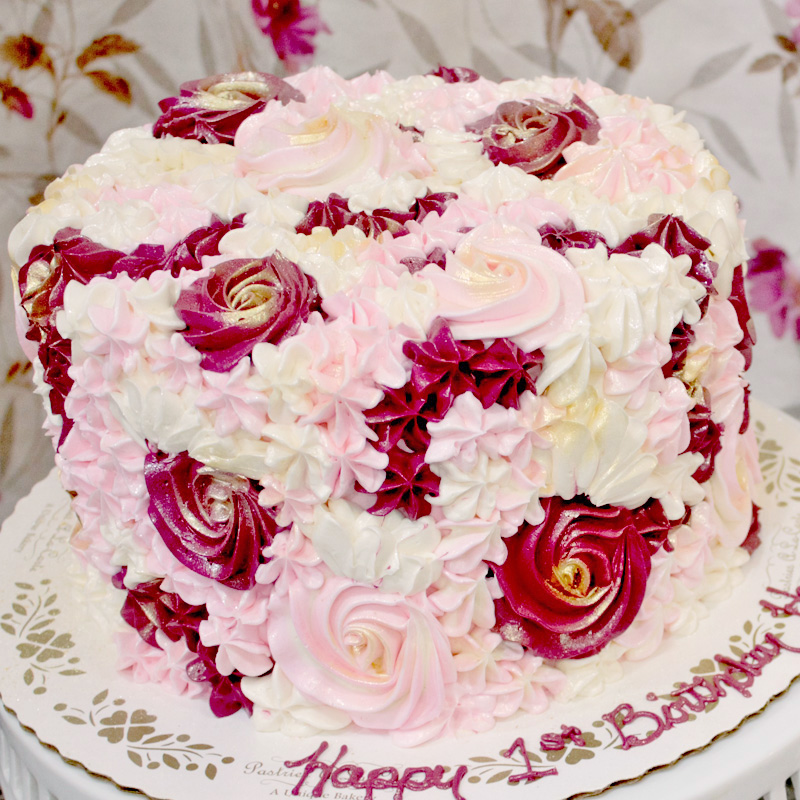 Sweet Pink and Burgundy Gold Textures and Rosettes Cake