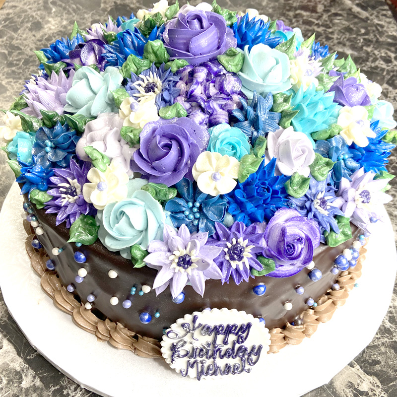 Purple and Blue Royal Flower Top Cake